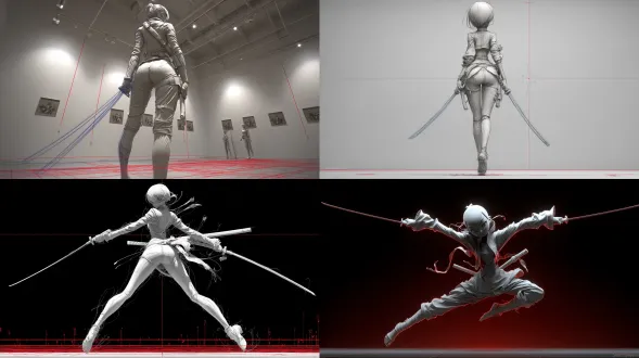 anime style female mannequin, stylized body, anime proportions,neutral face, blank expression, bald, large eyes, small mouth,grey plastic, matte finish, statue-like, untextured 3d figure,jointed limbs, doll joints, removable parts, articulated figure, dynamic action pose, dual wielding swords, mid-air twist, heroic male figure with athletic build, body facing back, crossed arms holding katanas, sketch style with blue pencil lines, low angle, concept art, white background, perspective grid, black grid floor, red lines, 3d modeling reference,solid black background, studio lighting, minimalist scene,soft ambient lighting, low shadow, neutral lighting,slightly low angle, camera tilt, dynamic view, three-quarter pose