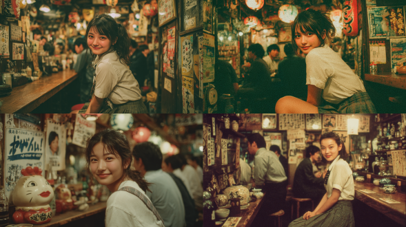 一位年轻美丽、甜美微笑的日本女高中生，柔和的棕色头发松松地扎成低马尾，脸颊旁有轻柔的刘海，侧坐在狭窄的木条凳上，转身朝向镜头，露出温柔自然的微笑；她穿着白色衬衫和灰色格子百褶裙；身边围绕着几位安静聊天的日本女高中生；酒吧的内部狭窄而昏暗，墙上贴满了旧的手写菜单和复古海报，架子上摆满了瓶子、陶器和小饰品；柔和温暖的钨丝灯光透出微微的雾气，空气中弥漫着烤食和清酒的香气；真实的抓拍瞬间，亲密的社交氛围，怀旧的昭和时代日本夜生活氛围；舒适的钨丝灯光，低对比度，柔和的色调中带有细微的绿色，浅景深，电影般的柔和，轻微的雾霭，怀旧的35mm胶卷照片，可见细腻的胶卷颗粒，真实的日本复古酒吧氛围，抓拍肖像，风格受到森山大道、高桥弘和王家卫的影响，使用kodak portra 400胶卷的美学。