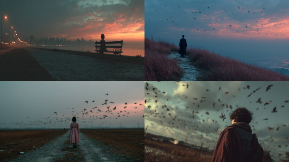 文艺风电影片段，8k高清，叙事感强烈，360度全景，大景小人构图，远景中人物望着远方背影，柔焦效果，胶片质感，低饱和度，黄昏色调，长镜头，电影级光影，忧郁氛围，慢动作，情感深沉，怀旧风格，广角镜头，自然光，微风拂动衣角。