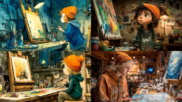 一位动漫女孩在画架旁作画，她戴着橙色的无檐小便帽和连帽衫，头发乱糟糟的，身上有颜料溅痕，工作室里灯光温暖，氛围富有创意，整体呈现水彩风格。