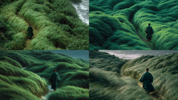 电影般的航拍照片：一个男人沿着穿过高大茂密的绿色草丛的狭窄小径行走，从后方视角拍摄，他穿着深绿色雨衣，风轻轻吹拂着草丛，如同海浪般起伏。整体呈现极简的日式美学，氛围平静却又充满力量。男人前行时展现出动态感和目标感，他的雨衣在风中微微飘动。构图上，男人在画面中占10-15%的比例，光线为柔和的阴天光线，呈现出自然的质感，画面超写实，视觉深度令人惊叹，营造出诗意的氛围。