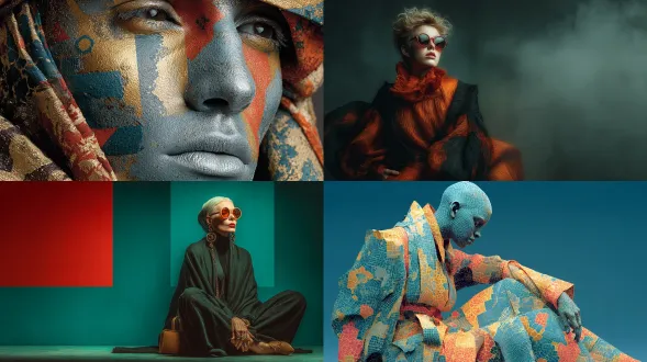 一个融合了贪婪立体主义和印象派风格的模特，妆容抽象独特，服饰前卫，充满远见的高级时装编辑肖像，超现实的构图，鲜明的色彩对比和富有表现力的质感，优雅的姿势，灵感源自概念时装摄影，具有艺术远见的审美，采用octane渲染，带有细微的颗粒感和电影般的构图，64k超高清清晰度。