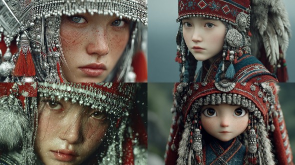 一个现代苗族女孩，有着大大的眼睛和长长的头发，穿着传统苗族服饰，佩戴着精致的银饰，风格写实，银头饰散发着柔和的光泽，电影式灯光，阴天，面部细节丰富，柔和的景深，8k超高清画质，逼真效果，电影剧照，自然的皮肤纹理，氛围感十足。