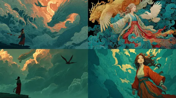 动态向上的构图，一条金色的龙在云层中向上盘绕，一只凤凰翱翔在高空。一位身穿飘逸红金汉服的女角色站在浮玉台上，长袖飘扬。冷暖对比照明，上面是金色的阳光，下面是绿松石色的雾气。层层云彩盘旋，有一种神圣的运动感。风格化的奇幻新中式风格，极简平面数码插画，磨砂质感，超高分辨率渲染，支持 8k。