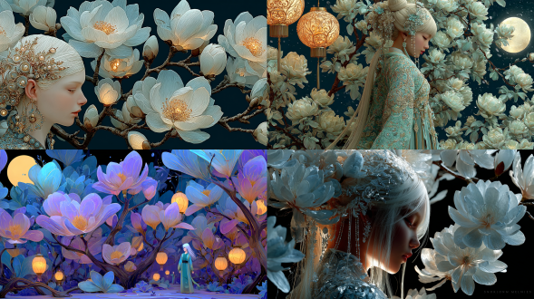 侧光构图，一轮宁静的月亮高高耸立在古老的花园上空。这个角色是一位银发玉饰的女神，站在一棵盛开的玉兰树下。月光营造出冷酷的亮点，而温暖的灯笼则照亮了附近的花瓣。朦胧的雾层叠叠，平衡的对称，奇幻的新中国水彩风格。哑光饰面、超高清插图、3d 渲染细节。