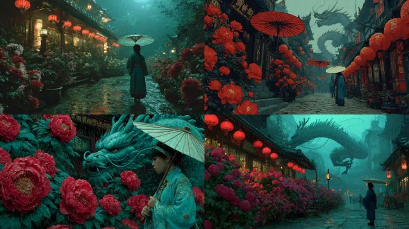 一座被雨水浸湿的城市，屋檐上挂着深红色的灯笼和盛开的牡丹。龙灵在屋顶之间滑行，在霓虹灯般的雨滴下闪闪发光。一个身穿青色长袍的女孩拿着一把白丝伞。强烈的构图对角线，电影深度。具有哑光色调和 3d 灯光效果的奇幻新中国数字艺术。