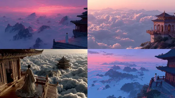 广阔的鸟瞰图描绘了一座宏伟的宫殿在云海之上浮现。一位身穿白金长裙的女仙站在露台上，衣袖随风飘扬。柔和的黎明色彩——薰衣草色、天蓝色、柔和的金色——充满了天空。神秘新中国山水奇幻，生动的灯光渐变。哑光处理、oc 渲染、8k 分辨率。