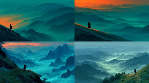 远景镜头，一名剑者行于高高的雾岭。层叠雾气掩映翠山深谷。人物衣袍与剑被轮廓光勾勒，橙光映衬青绿色雾。宏大构图，梦幻氛围。哑光扁平风格，奇幻新中式艺术，8k品质。