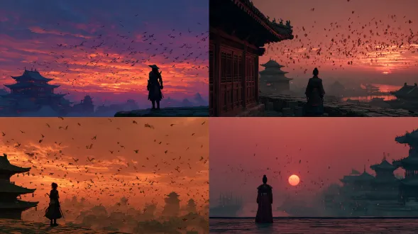 黄昏时分古长安的动感城市景观。一位身穿金色铠甲的女将军站在城墙上，无数纸风筝冲上紫金色的天空。温暖的日落照明与冷阴影对比。新中国奇幻与现代电影构图。哑光质感，纯色阴影，8k 分辨率。