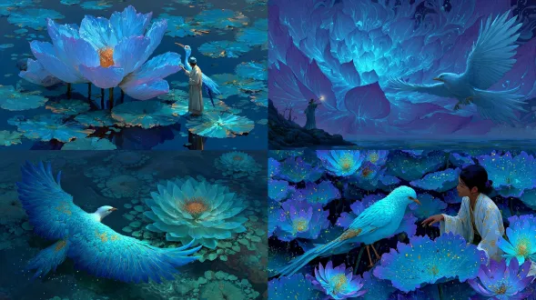 自上而下的构图，展示了一只发光的蔚蓝鸟在宇宙莲花湖上空翩翩起舞。涟漪般的光图案在靛蓝色的海水中蔓延开来。一位身穿银色长袍的年轻女神向这个生物伸出了手。新中国奇幻，蓝色、紫罗兰色和翡翠色的空灵调色板。哑光数字绘画，超高清渲染。