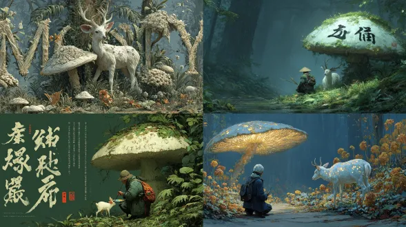 沐浴在晨露中的神圣森林的全景照片。一只白鹿身上覆盖着闪闪发光的字形，站在发光的蘑菇中。一位拿着画笔的年轻艺术家跪在它旁边。柔和的绿色、象牙色的光芒和银色的雾气和谐地融合在一起。新中国奇幻插画风格，哑光表面渲染，电影深度。