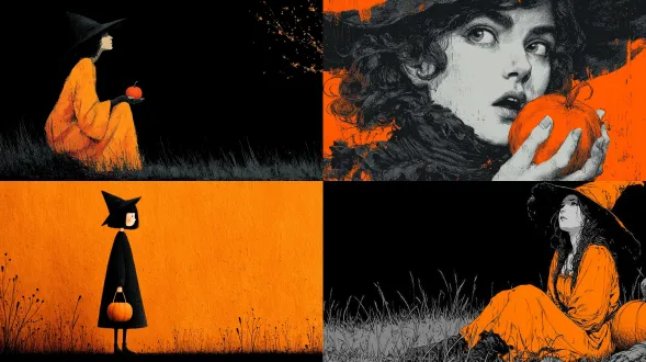 halloween illustration, witch and pumpkin, black and orange