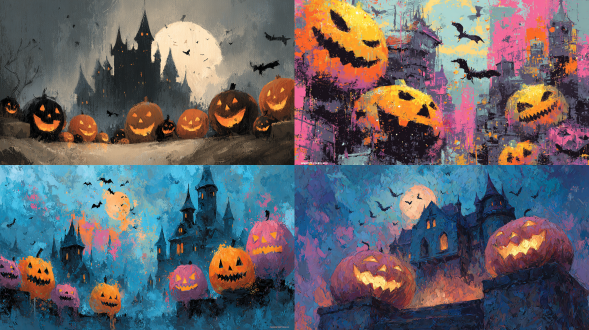 halloween illustration, jack-o’-lanterns, bats, spider, haunted castle, abstract expressionism