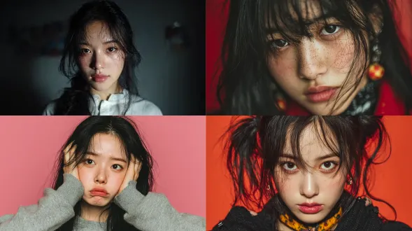 一个18岁的美丽中国学生，皮肤白皙，毛孔可见，黑色长发，迷茫的表情，正面镜头，半身照，抖音风格