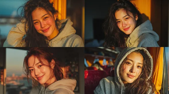 一个17岁左右的中国美女，她的皮肤白皙，非常漂亮，她穿着灰白色的卫衣，窗外是夕阳，她回眸带着微笑，长发披肩并带着一些波浪