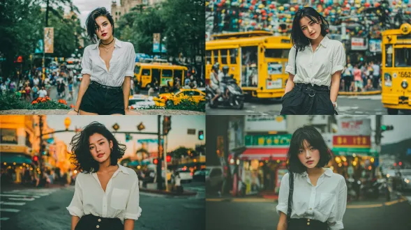 一个20岁的美女，黑色的头发，黑色的眼睛，穿着白色的衬衫，黑色的短裤，站在十字路口