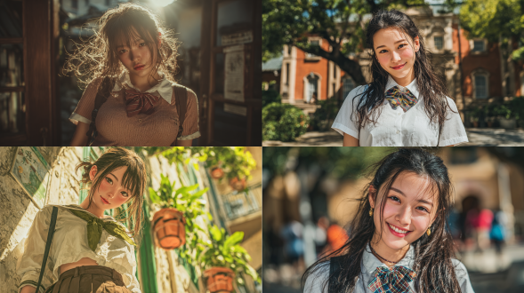 美丽学生站立微笑，精致面容，嘟嘟唇，长发飘逸，纤细腹部，夏日阳光，校园背景，cg渲染，高细节，柔光，自然光，浅景深，85mm镜头，青春活力，清新色调，微风吹拂，发丝飘动，白色校服，短裙，光影斑驳，真实皮肤质感，甜美表情，活力四射