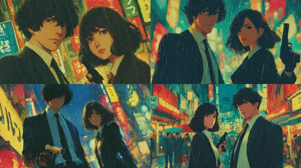 双人、情侣、杰作、最佳品质、超细致、动漫风格全身观。一头凌乱的短发，纯黑的头发，中分刘海，紫色的眼睛，苍白无瑕的皮肤，优雅的表情，穿着定制的黑色西装和清爽的白色衬衫，苗条的黑色领带，皮手套，拿着一把光滑的手枪。在他旁边，有一个女孩，长着波浪形的头发，纯黑的头发，中分刘海，暖棕色的眼睛，动漫风格的女孩，五官精致，身材优雅，穿着合身的黑色西装外套和白色衬衫，铅笔裙，纯黑色紧身裤，黑色高跟鞋，手里拿着一把带消音器的小手枪。他们背靠背站在一条被雨水浸透的霓虹灯照亮的城市小巷里，五颜六色的灯光在潮湿的人行道上闪闪发光，散发出一种时尚的现代间谍氛围。