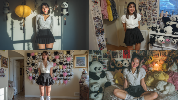 自然光，真实的照片，一个中国美女，穿着白色衬衫和黑色百褶裙，校服，身后的墙上挂着熊猫主题的装饰品。沙漏身材，她穿着写着"可爱女孩"的袜子和高跟鞋。她脸上带着微笑，黑发，化着妆。这是一张全身自拍照片，看起来超逼真。