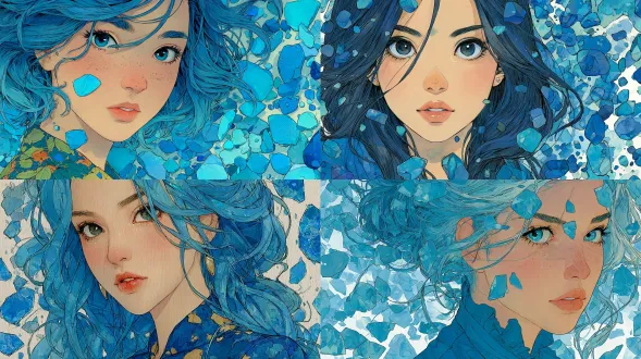 优雅的动漫风格女孩，外表神秘，周围是漂浮的蓝色玉髓碎片，柔和而充满活力的蓝色配色方案，带有水彩色彩的高细节幻想艺术，豪华华丽的动态爆裂蓝色玉髓石背景