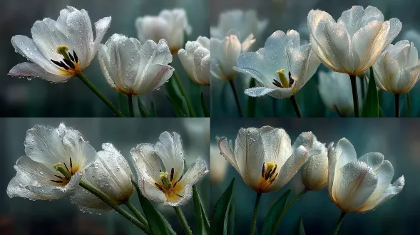 白色郁金香晨雾中绽放，柔和漫射阳光，浅景深，花瓣沾露珠，背景朦胧绿意，宁静氛围，柔焦效果，自然光，低饱和度，淡雅色调，微距镜头，清晨薄雾，静物摄影，温柔光影，细腻纹理，诗意场景，清新空气，宁静情感。