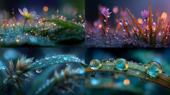 黎明草地露珠微距特写，淡银色晨光，浅景深，晶莹剔透，逆光拍摄，百微镜头，柔和散景，冷色调，宁静氛围，水珠折射，细腻纹理，高清晰度，露珠滑落轨迹，湿润叶片，自然光晕，低角度，超现实质感，清新治愈