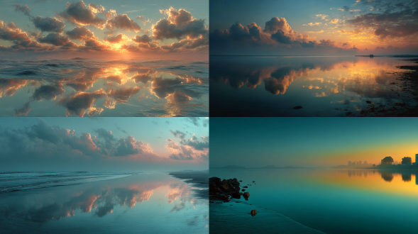 静止的海水上方云层，柔和天空渐变，地平线溶解于光线中，电影级构图，极简主义，平静情感，广角镜头，低饱和度，柔焦效果，对称布局，长曝光，淡蓝与金黄调色，微光反射，雾气朦胧，寂静氛围