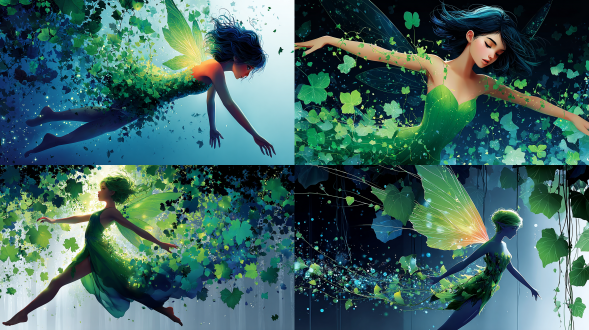 一个有着精致发光翅膀的绿色仙女，她的裙子由闪闪发光的叶子和藤蔓制成，在阳光照射的森林上空飞翔，周围环绕着柔和的祖母绿光芒，神奇而善良的氛围，不同的视角，令人惊叹的时刻，错综复杂的插图，动态的姿势，斑驳的柔光