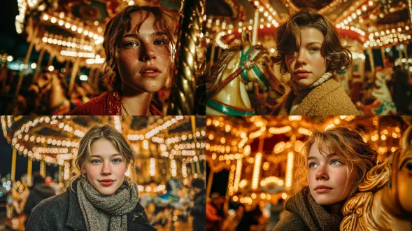 杰作, 最佳画质, 电影感的夜间摄影: 一位17岁白人少女, 站在一个夜晚发光的复古旋转木马旁边。 旋转木马装饰华丽, 被成千上万的温暖金色灯光照亮 ，在背景中创造出神奇的虚化光斑效果。她斜靠在一匹制作精美的木马上。