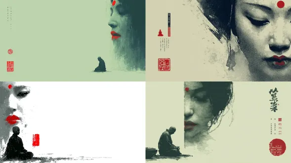 极简风格水墨艺术插画，意识，画面上方是一张女人脸，但一半观形音像另一半鬼魅形象，代表佛性与魔性共存。朱唇，眉心点朱砂。冷艳，最下面由烟雾流体幻化出一个非常小的小和尚打坐， 大面积留白，视觉效果优美，柔和线条，红色装饰佛形小印章，极具创意， 大面积留白，高清画质，极简风格，笔墨 少。