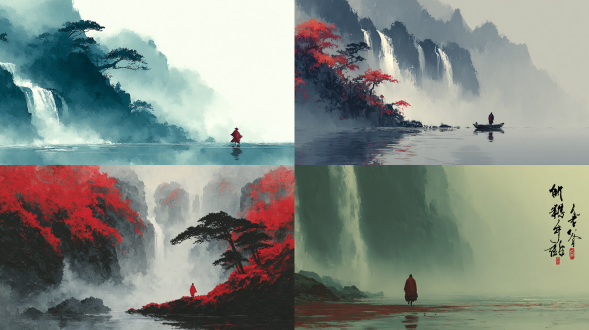 水墨画，由霓虹烟雾形成的山川瀑布，一 个极小的红衣人儿在水中荡漾，瀑布线条像水流般柔和，自然悠长，形成拉丝感的瀑布。意识流，极简，水墨意境，烟雾质感，梦幻，超现实主义，3d，空旷，唯美，拖影，金色拉丝，禅意，空灵，背景纯黑，强烈的光暗对比，32k分辨率。