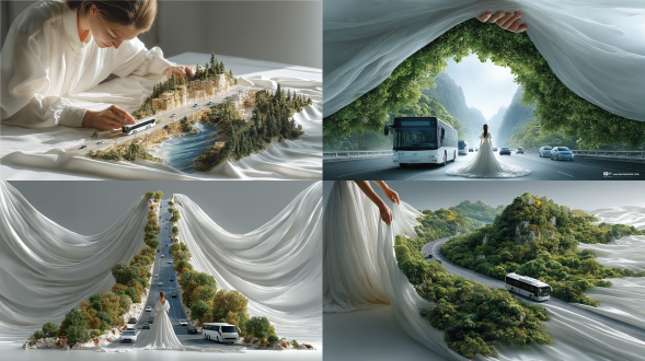 垂直杂志广告。一块纯白的织物轻轻展开，下面是一张公路、小城镇和绿色森林的路线图，真实而优雅。两个女人的手轻轻地展开布料。织物与地图无缝融合，形成一条优美的道路。在路上：一辆逼真的白色宇通客车和几辆逼真的蓝色轿车，真人大小的比例，自然地融入场景，不像玩具。明亮的电影日光，优质的编辑摄影美学，极简主义的艺术构图