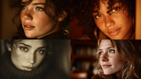 portrait in warm sepia, tonal contrast between skin light and deep background, film grain depth.