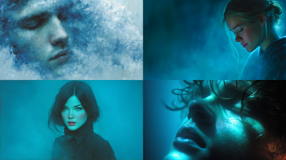 portrait bathed in pale blue fog, tone variation from icy highlight to midnight depth, tranquil emotion