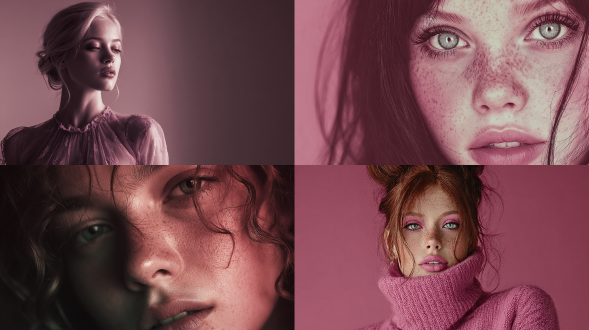 portrait in monochrome rose-dust tones, gradient lighting from pale blush highlight to muted mauve shadow, serene femininity