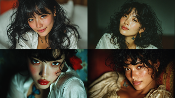 成年女性，全身特写，黑色长卷发，刘海，皮肤白皙，父母分别是中国和德国人，东方长相，华丽的外表，眼角有一颗红色的痣，深棕色的眼睛，精致的五官，穿着宽松的白色丝绸衬衫，腰间有蓝色蝴蝶纹身，懒洋洋地靠在沙发上，超高清，8k 壁纸，海报， 极高分辨率