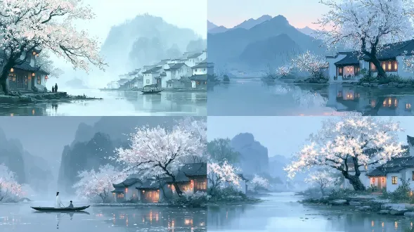 姐姐的祈愿/江南春晓，烟雨古镇，白墙黑瓦，柳絮轻舟，写意山水，淡墨泼/夜宴，红灯笼，锦衣宫廷乐师，金箔花瓣/云锁峰，白鹤影，泼墨/滑浪，飘逸袖子，淡金色光环/旋舞裙，长安花市/龙井采茶， 烟雾缭绕的梯田，竹篓姑娘/墨梅傲雪，铁枝，花瓣如雪花/苗年鼓舞，银饰叮当响，百褶裙飞舞/齐云夜雪，道观钟声，红墙白雪，冷暖相冲/景德镇瓷器，釉下钴，少女画素瓷/墨龙破云，漩涡越峰，闪电，宏大写意，史诗情境/花儿生日节， 少女戴着花，秋千做梦，粉绿色的浅墨水/现代摩天大楼周围的传统祥云/作者：marjolein bastin/robert reid/teagan white