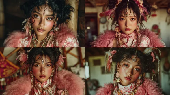 一张令人惊叹的、超精细的写实人像摄影，一位美丽的年轻成年女性，空灵的民族幻想风格。她穿着一件独特的中式上衣，由柔软的粉色毛绒面料与精致的白色提花图案拼接而成。一条同色系的毛绒披肩搭在她的肩上，创造出丰富柔软的层次感，营造出一种空灵、仙女般的民族风情。她的头发是蓬松且带有一丝凌乱感的大波浪卷发，其中编织着两条松散的麻花辫。头发上点缀着精致的羽毛发饰、以及由木头和珠串制成的民族风格饰品，显得灵动而充满异域风情。妆容柔和而梦幻，以温柔的粉色腮红和豆沙色唇釉为特点。她的眼妆采用了融合了精细闪粉的大地色系眼影，睫毛纤长卷翘。一个精致的珍珠与宝石额饰为她增添了一丝灵动与优雅。她佩戴着一条色彩斑斓的民族风珠串项链和配套的羽毛耳饰。配饰中还包含了与服装风格相呼应的毛绒元素。场景质朴而浪漫，以温暖的木质结构或自然元素为背景，营造出一种简约而深邃的民族氛围。场景采用柔和的侧光照明，营造出温暖而梦幻的氛围。光线完美地突出了她头发和毛绒面料的细腻质感，使其散发出柔和的光泽。电影感，高级时尚摄影，梦幻氛围，空灵光感，背景柔焦，32k分辨率，超高细节，真实感。保持人脸不变。