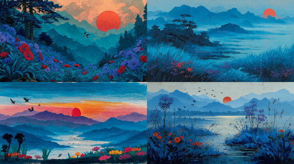 这幅画营造出清新、灵动且充满东方诗意的氛围，画面中，蓝色紫色为主色调，描绘出远山、流云的形态，还有红色的小太阳与花花草草 飞鸟点缀，以绿调绘远山流云，点缀红阳、飞鸟 中式建筑，充满清新灵动的诗意美感的意境，仿佛能让人感受到那份自然山水。