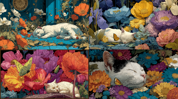 moebius (jean giraud)风格，极繁主义，神秘感，不对称构图，细节完美，杰作。虞美人花，菊花，百合花花，小雌菊，五颜六色 色彩鲜艳斑斓，一只猫咪仰面躺在花丛中睡觉 鼻尖停着一只小蝴蝶，超远景，大场面，景深超大广角。色彩明亮轻快，刺绣