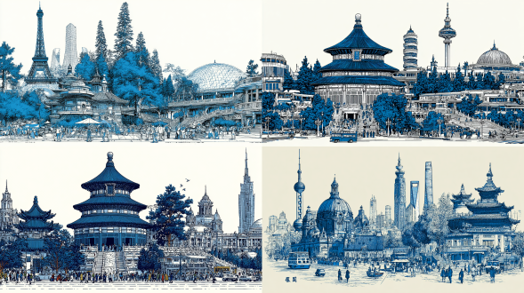 世界现代地标建筑凹版印刷线稿，0.8mm粗线勾勒外轮廓，0.2mm细线刻画细节，保留铜版雕刻痕迹，青花瓷色调，主体是中国现代地标建筑：天坛，中国尊和新中央电子台，成都双子塔，伊什塔尔门，萨马拉旋转尖塔，帆船酒店，阿布扎比大清真寺，阿布扎比国家展览中心，搭配山水，树木，绿植，高铁，磁悬浮，飞机，轮船，汽车，行人，采用清明上河图散点透视法构图。大师级别插画，高定风插画，画面丰富饱满，充满艺术性。