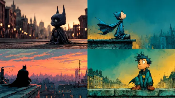 "小蝙蝠侠坐在屋顶上，日落时分，小斗篷随风飘扬，城市灯光渐亮，舒尔茨风格，忧郁柔和的色调，低角度拍摄，广角镜头，暖色与冷色对比，剪影效果，微风拂动斗篷，城市天际线，孤独感，卡通简笔线条，暖黄与深蓝渐变，沉思表情，微弱逆光，细腻笔触，怀旧氛围。"