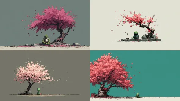 一幅宁静的卡通画：小绿巨人坐在盛开的樱花树下，蝴蝶环绕，安静温柔。schulz与漫威融合的极简风格。