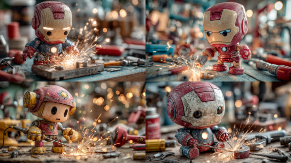 小钢铁侠在车库摆弄玩具工具，火花四溅，天真好奇表情，查尔斯·舒尔茨风格漫威角色，扁平柔和色调，温馨暖光，低角度拍摄，柔焦效果，简约背景，工具散落，卡通质感，手绘线条，柔和阴影，快乐氛围，红黄主色，50mm定焦镜头，高饱和度，温馨治愈感。