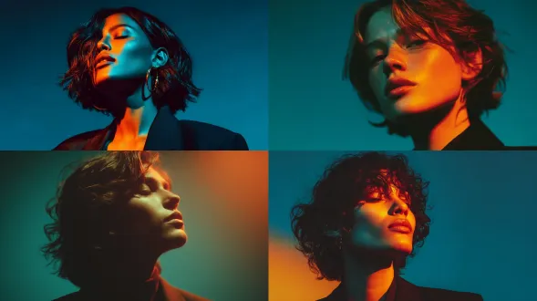 一张富有电影感的年轻女子侧脸肖像，她仰起头，闭着眼睛，沐浴在戏剧性的光线中。背景为深蓝色，主体穿着黑色西装外套。右上方的暖色聚光灯照射在她的脸部与颈部，形成橙色光晕，与冷蓝色背景形成强烈对比。画面干净、极简，展现出强烈的情绪氛围与现代艺术感。光线柔和而高对比，类似高端杂志编辑风格的摄影棚布光。摄影参数说明：相机角度：侧面拍摄，微仰角镜头：85mm 人像镜头，浅景深灯光：蓝色背光 + 暖色聚光灯，高反差布光风格：电影感、极简主义、艺术摄影、杂志封面风