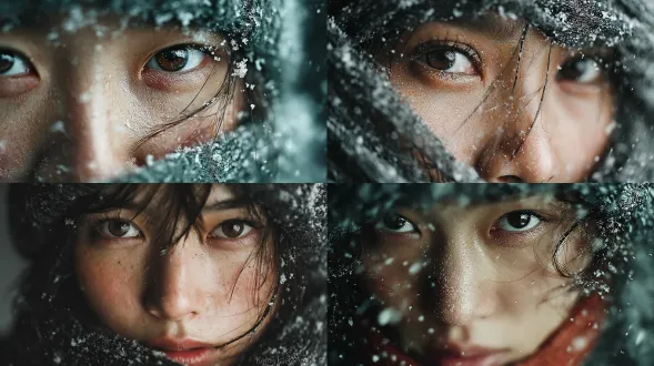 25岁美丽亚洲女子，头发和围巾积雪，雪花融化，眼神深邃，柔和光影，微弱阳光照射面部绒毛与毛孔，冷灰色调，细腻飘雪，电影质感，胶片风格，艺术感，皮肤纹理突出，特写镜头，浅景深，自然光，侧逆光，细腻雪花，冷色调，情感深沉，细腻质感，高分辨率，微距细节，柔和阴影，静态唯美