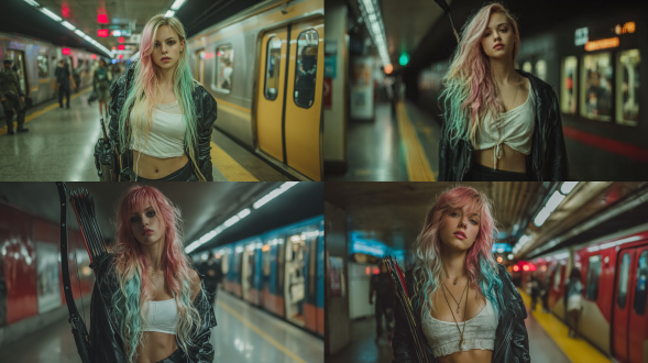 一个时尚的年轻女子站在地铁站台，她有着渐变色的长发，从粉色过渡到绿松石色，身穿白色露脐上衣、黑色皮夹克和黑色长裤。她手持一把现代黑色复合弓。场景采用电影级灯光，展现都市赛博朋克美学，运用动态摄影机运动（如微妙的跟踪镜头或摇摄）来强调前卫的氛围。画面采用8k分辨率，呈现逼真细节、鲜艳色彩，以及融合了冷酷地铁灯光与角色强烈存在感的忧郁氛围。