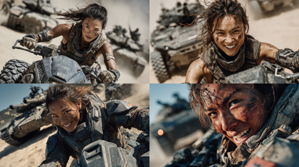 一名东亚女战士的动态动作镜头，她身着战术军装和机甲，脸上带着战痕，在操作一辆未来主义车辆时露出凶猛的微笑。她身处沙漠战场，背景中有一辆坦克，尘土飞扬，发丝在风中飘舞。采用电影级灯光，好莱坞科幻战争片风格，8k超高清，极致细节，动态模糊，低角度拍摄，营造出紧张刺激的氛围。