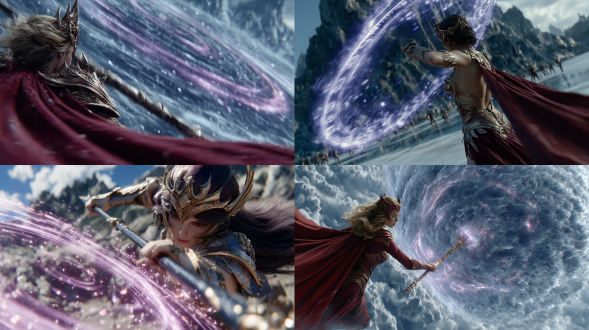 动态电影镜头，一位女巫师身着精心设计的深紫色和黑色奇幻盔甲，上面饰有精致的金色细节，挥舞着一根巨大的魔法杖，杖上散发着发光的紫色能量，并形成一个旋转的能量场。她有着长长的黑色飘逸长发，戴着华丽的王冠，身披引人注目的红色斗篷，在风中飘扬。场景设定在一片岩石嶙峋、超凡脱俗的景观中，天空阴云密布。画面细节丰富，逼真如画，动感十足，带有动态运动模糊和鲜艳的光影效果。风格：奇幻游戏电影，高能视觉效果，鲜艳色彩，史诗氛围