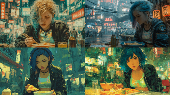 一位惊艳的赛博朋克风格年轻女子，拥有蓝黑渐变色的秀发，身着全息金属露脐上衣和黑色皮夹克，正享用着一片披萨。她面前放着一碗热气腾腾的拉面。背景是夜晚东京的街道，霓虹灯闪烁，路面湿漉漉的，墙壁上涂鸦斑驳。画面极具超现实感，纹理细腻，灯光如电影般璀璨，分辨率高达8k